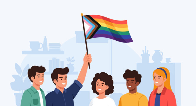 Diverse group proudly holds a progressive pride flag aloft in a joyful celebration