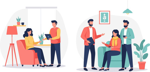 Diverse people in casual settings discuss ideas, use tablets, and enjoy indoor plants