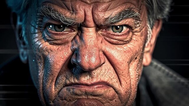 Intense CloseUp of an Elderly Mans Stern and Weathered Face.