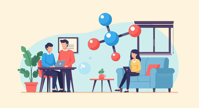 Diverse team collaborating on a science project in a modern home office setting