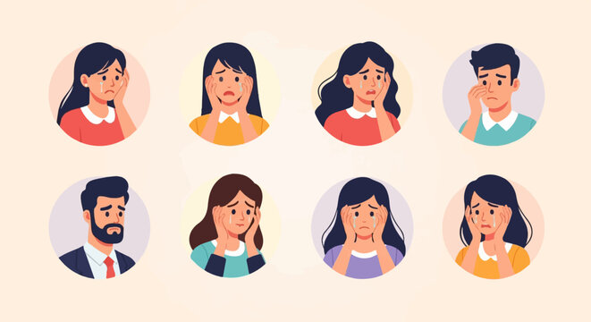 Eight diverse faces express sadness, tears falling on cheeks