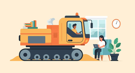 Fototapeta premium Excavator merges with office space, people work remotely from construction site