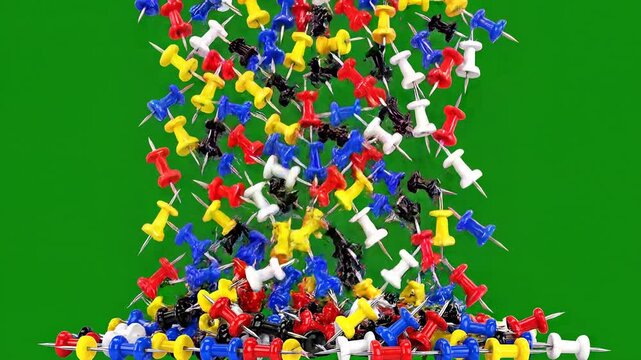 Multicolored push pins, red, blue, yellow, white, and black, scattered, for presentation, marketing, or website background, Isolated on green background