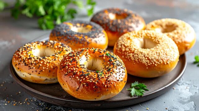 A platter displays freshly baked bagels with various toppings