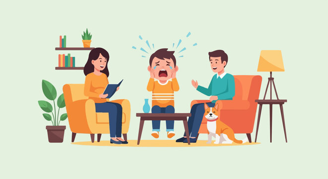 Family in living room, a child is crying, parents comfort, dog nearby