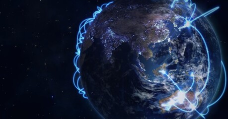 Obraz premium Composition of glowing blue network of connections over globe