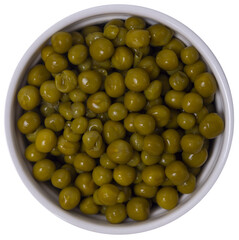 Isolated saucer with green peas on a white background, top view