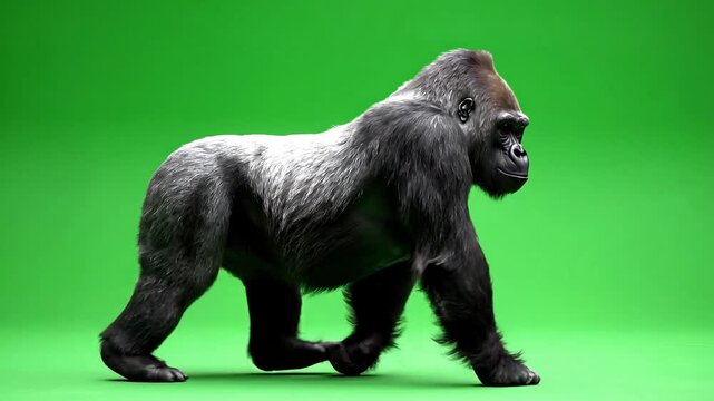Majestic western lowland gorilla walking against green screen