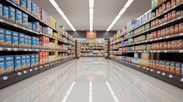 Supermarket Aisle with Shelves and Products.