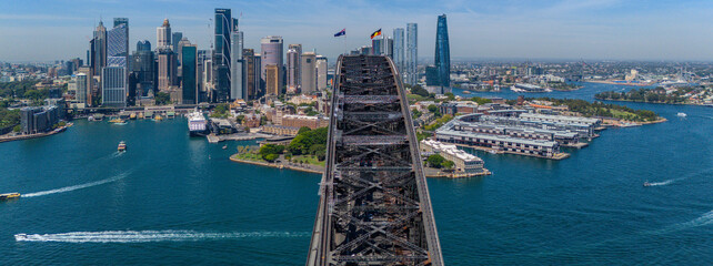 7 February 2026 Panorama Aerial View of Harbour Bridge on Sydney Harbour Circular Quay cruise Liner on a nice Summer day beautiful Sky in Sydney NSW Australia
