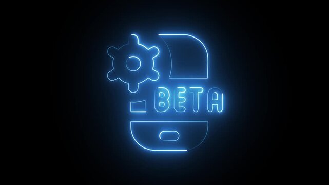 Neon blue beta logo on dark background with gear symbol and text indicating testing or developmental stage of a product or service in technology and software industry.