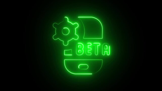 Neon green beta software logo on dark background symbolizing testing and development in tech industry with gear icon representing configuration and settings.