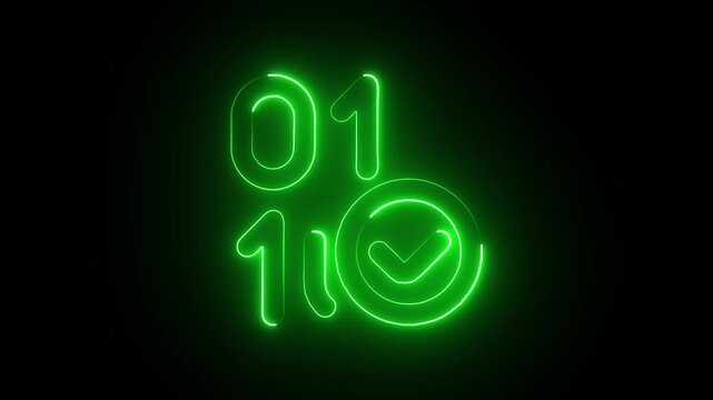 Binary code neon sign with checkmark displayed against a dark background symbolizing digital verification and approval.