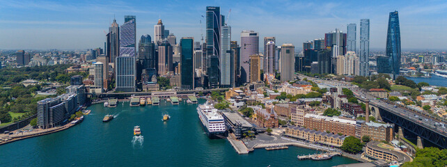 Naklejka premium 7 February 2026 Panorama Aerial View of Sydney Harbour Circular Quay cruise Liner on a nice Summer day beautiful Sky in Sydney NSW Australia
