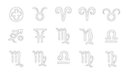 Fototapeta premium Zodiac signs in white line isolated on a transparent background