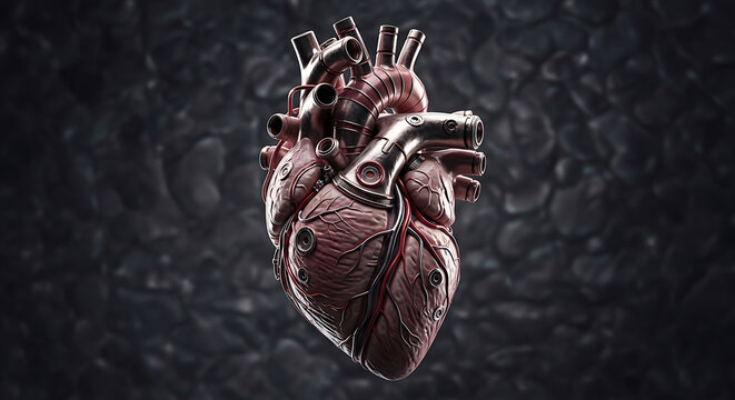 steampunk cybernetic heart blending organic and metallic elements symbolizing artificial intelligence and medical technology.