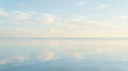 Fototapeta premium Serene Blue Sky Reflected on Calm Water Surface.