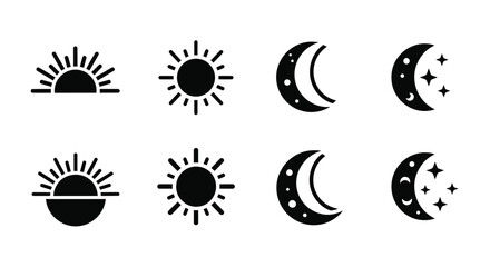 Collection of simple black and white icons depicting various stages of the sun and moon for weather or nature applications