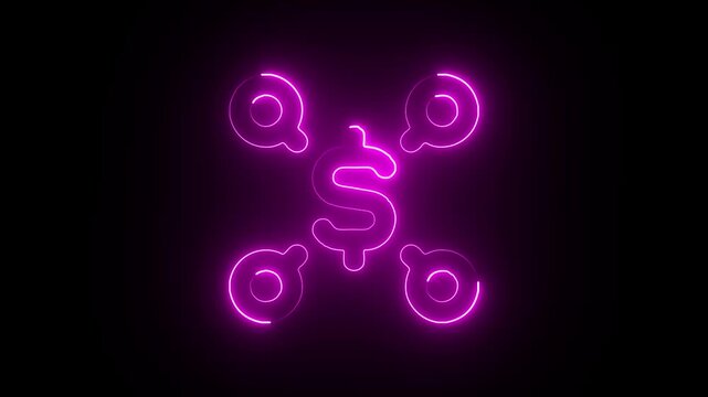 Neon dollar sign and quotation marks symbolize financial quotes and currency exchange glowing bright pink on a dark background, representing economic concepts and market trends.