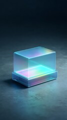Glowing transparent glass box with neon light on dark background