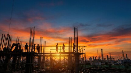Obraz premium Silhouette of construction workers at a building site during a vibrant sunset.