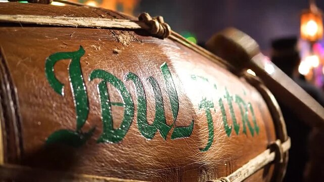 Close-up of a traditional Dhol drum being played during a festive celebration with blurred lights and fireworks in the background