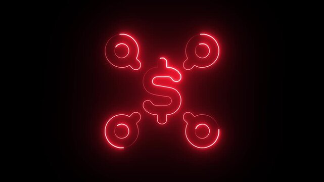 Dollar sign surrounded by four at signs forming a circular pattern with neon blue glowing lines on a dark background representing financial communication and online transactions.