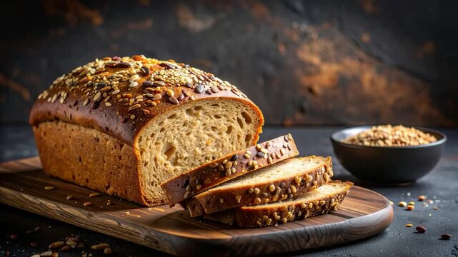 Freshly baked multigrain bread, sliced, on a wooden board