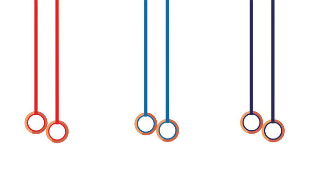 Gymnastics rings in red, blue, and black hanging from ropes in a row, symbolizing fitness, strength, and olympic sports training.