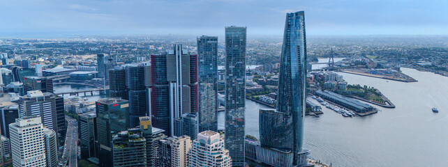 Naklejka premium 7 February 2026 Panorama Aerial View of Central Business District CBD on Sydney Harbour Circular Quay cruise Liner on a nice Summer day beautiful Sky in Sydney NSW Australia