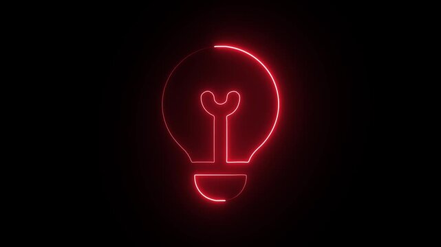 Bright red neon light bulb icon symbolizing creativity and innovation on a dark background with a glowing effect around it creating a striking visual contrast that grabs attention.