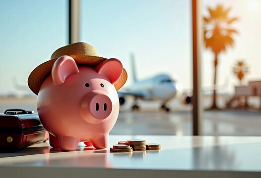Piggy bank in cap hat, sunglasses, stands on a table top. Summer warm country landscape with mountains, palms, ocean, hotel, sunny day. Vacation, travel. Space for text.