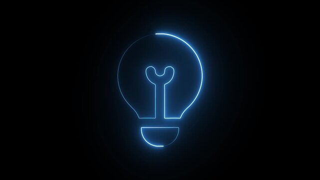 Neon light bulb icon symbolizing creativity and innovation in digital technology and modern design concepts glowing brightly on black background, representing bright ideas and inspiration.