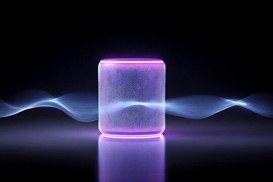 Futuristic smart speaker with glowing purple light and sound waves