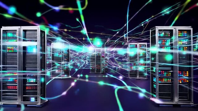 Server racks with colorful cables and neon lights in a data center