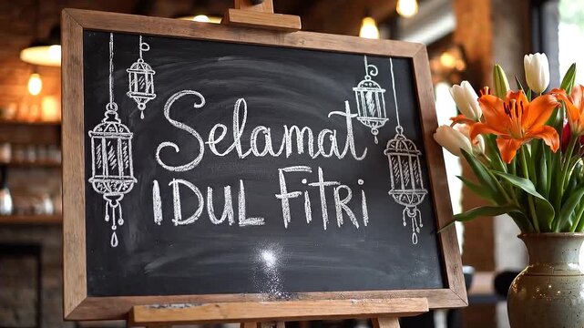 Selamat Idul Fitri Celebration with Lanterns and Flowers on a Chalkboard Display in a Cozy Cafe Setting