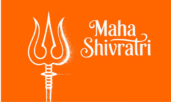 Maha Shivratri festival greeting card with white trishul trident symbol on orange background for Hindu Lord Shiva celebration religious design template banner