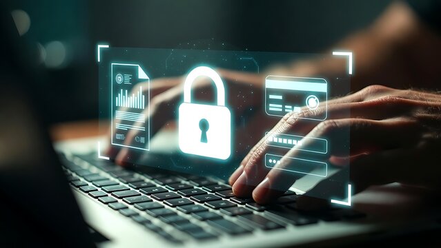 A woman working in an office uses a laptop keyboard to type binary code for a business internet security concept involving advanced computer technology and online communication equipment