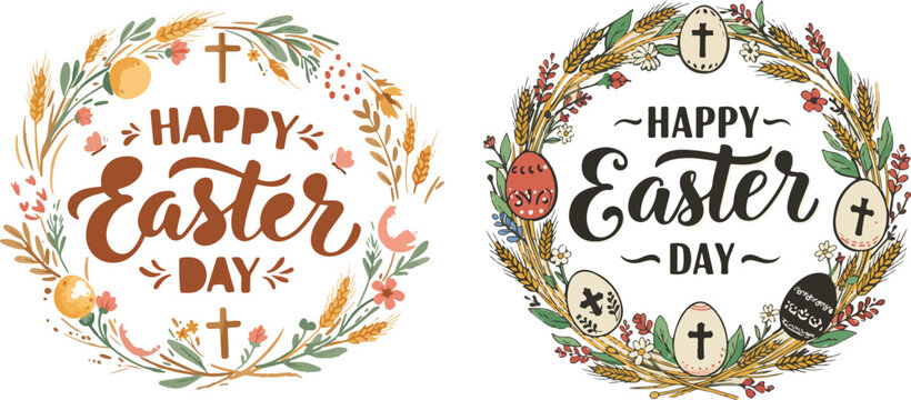 Happy easter day greeting cards with floral wreaths and crosses