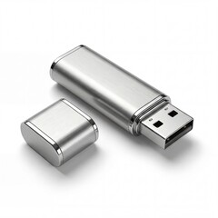 Silver metal USB flash drive portable storage isolated on white.