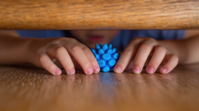Child explores toy. Child investigates textured toy calmly. Child carefully examines spiky stim object during play. Young child engages with textured stim toy in peaceful environment