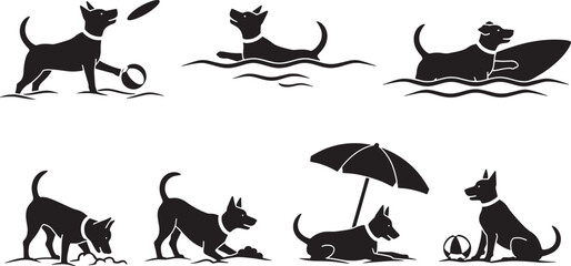Black silhouettes of dogs playing on beach with umbrella and ball