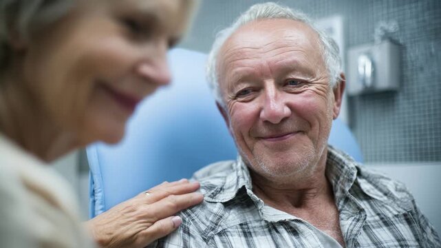Concerned female doctor comforting senior male patient in hospital. Supportive healthcare provider showing care, empathy. Patient looks troubled, thoughtful. Medical consultation, emotional support.