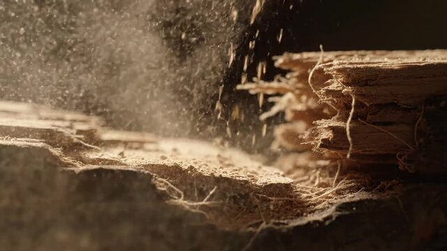 Dust Accumulation on Raw Timber Wider shot showcasing a section of raw, unpolished, splintered timber with a significant, natural accumulation of dry wood dust, suggesting age or decay.