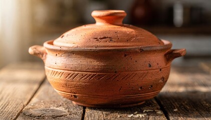 Rustic Clay Pot on Wooden Table