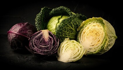 Vibrant Cabbage Collection on Dark Background