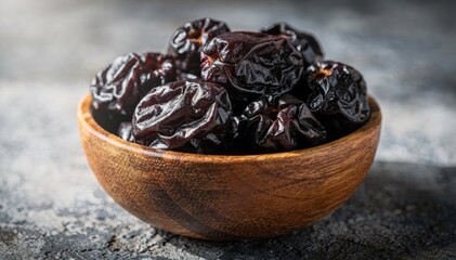 Delicious Dried Plums in a Wooden Bowl