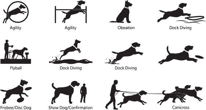 Dog sports and activities silhouettes including agility and obedience training