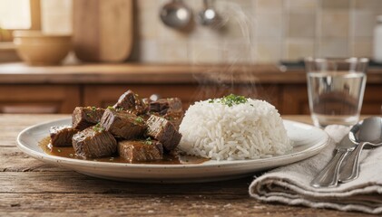Savory Beef Stew with Steaming Rice Delight