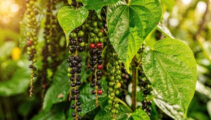 Vibrant Pepper Berries on Lush Green Vines